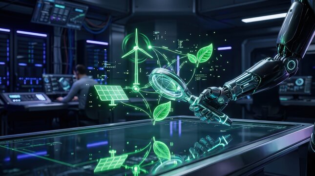 Robotic hand auditing green energy holographic carbon footprint metrics advanced data control center