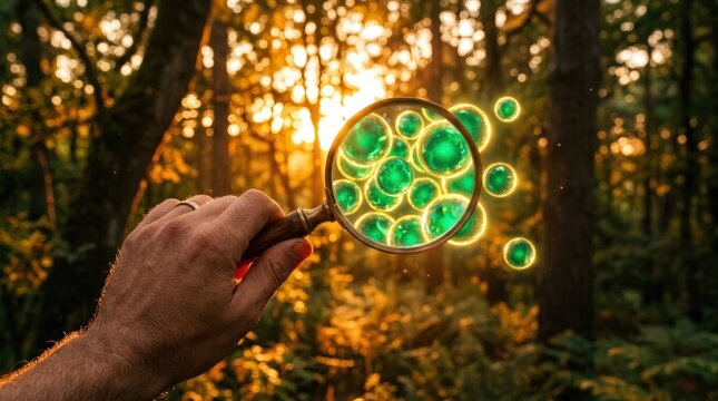 Hand Holding Magnifying Glass Examining Glowing Green Carbon Spheres Sunlit Forest