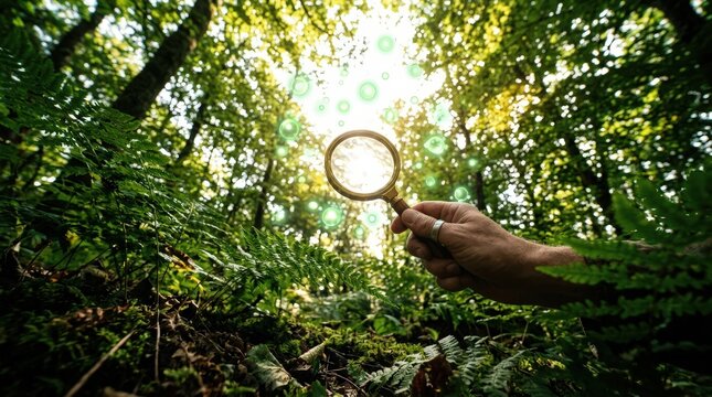 Hand Holding Magnifying Glass Investigating Carbon Footprint Reduction Lush Sunny Forest