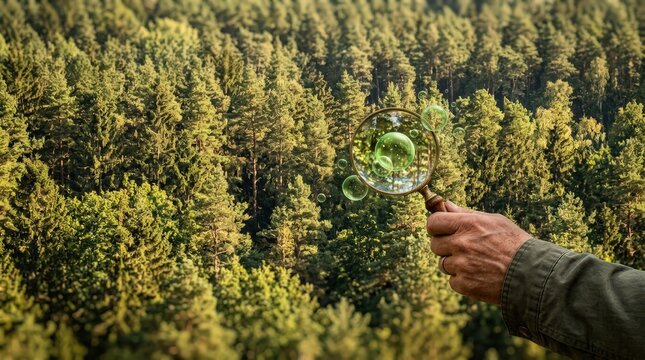 Hand holding magnifying glass over green forest canopy analyzing carbon footprint reduction environmental