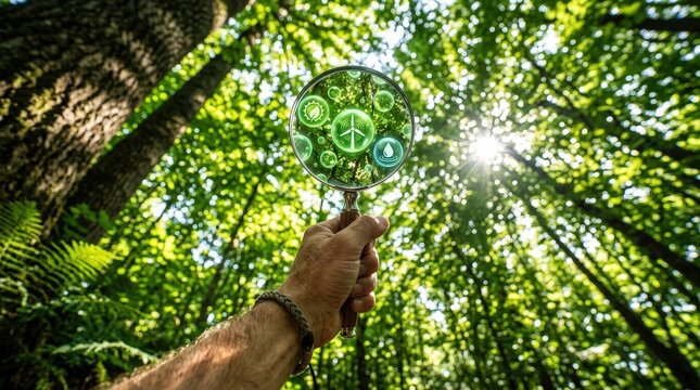 Hand holding magnifying glass over green forest ecology carbon footprint reduction symbols