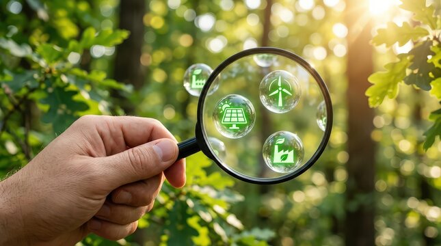 Hand holding magnifying glass over green energy icons forest carbon footprint reduction analysis
