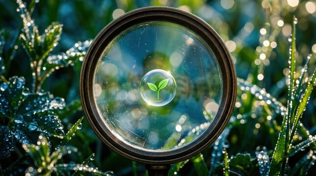 Magnifying glass focused small green plant sprout inside dew bubble carbon footprint reduction concept