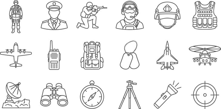 Military and Defense Army Icon Set with Soldier, Weapons, Jet, Helicopter, Tactical Gear, and Combat Outline Symbols for Gaming and Security Designs
