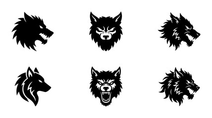 Obraz premium Six Fierce Wolf Head Vector Icons. Wild Animal Silhouette Graphics. Aggressive Canine Spirit Art.