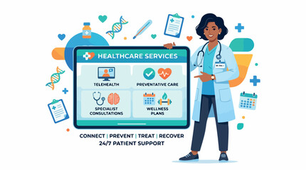 Obraz premium A doctor stands beside a large digital health dashboard showcasing healthcare services and telemedicine in action