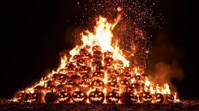 Towering Pile of Grinning Carved Pumpkins Burning Fiercely in Huge Bonfire Halloween