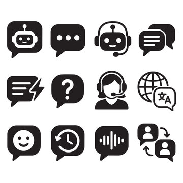 Set of black communication and customer service icons representing chatbot help desk global support voice chat language translation and user feedback with customer