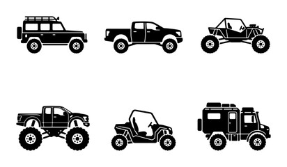 Fototapeta premium Off-Road Vehicle Icons: 6 Rugged 4x4, SUV, Truck, Dune Buggy Vector Graphics
