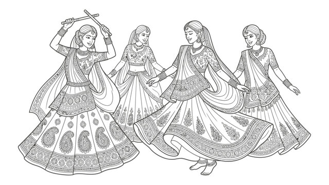 Four Indian women performing traditional Garba dance during Navratri festival