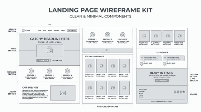 Landing Page Wireframe Kit Clean Minimal Website UI Layout