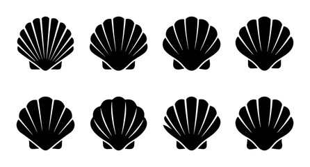 Scallop Shell Icons, Set of 8 Black Vector Graphics, Marine Life Symbols for Coastal Design © Toki