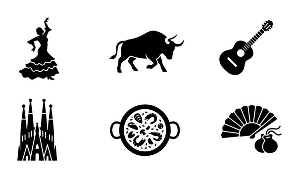 Spanish Culture Icons: Flamenco Dancer, Bull, Guitar, Sagrada Familia, Paella, Fan