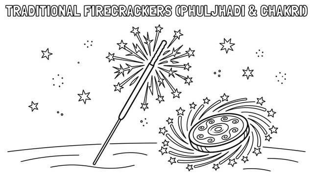 Indian firecrackers phuljhadi and chakri line art for Diwali