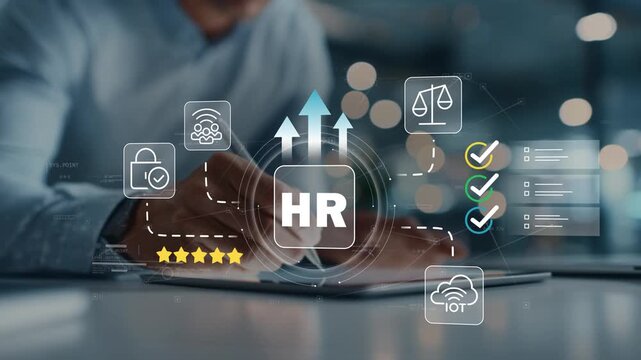 HR employee development strategy with animated human resources icon, workforce training, career advancement, talent retention and business growth planning shown by businessman in futuristic office