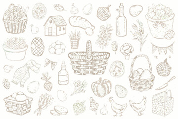 farm market sketch collection hand drawn basket vegetable egg chicken house wine bottle © Sanjoy