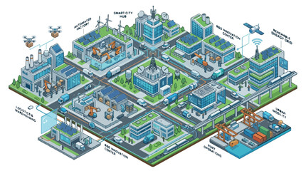 Fototapeta premium Isometric illustration of a smart city with green rooftops, solar panels, wind turbines, and vibrant districts