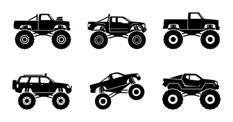 Monster Truck Icons, Off-Road Vehicle Silhouettes, Extreme 4x4 Truck Graphics, Vector Set © Apurbo