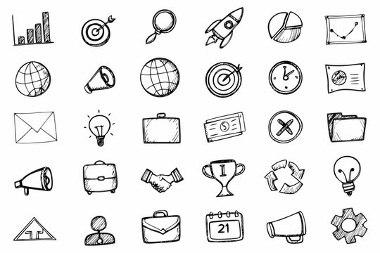 hand drawn business sketch icons on white background graph target balloon rocket pie