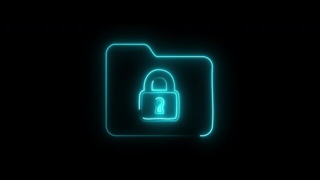 Glowing neon folder icon with secure lock symbol displaying data protection animation loop.