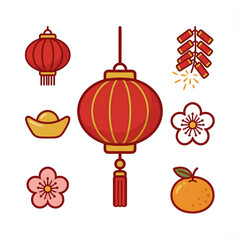 Naklejka premium Chinese New Year Icons Set, Lunar New Year Symbols with Red Lanterns, Gold Ingot, Firecrackers, Tangerine, and Cherry Blossoms Vector Illustration