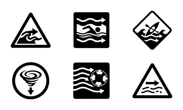 Water Hazard Warning Icons Set: Danger, Swimming, Kayaking, Storms, Currents