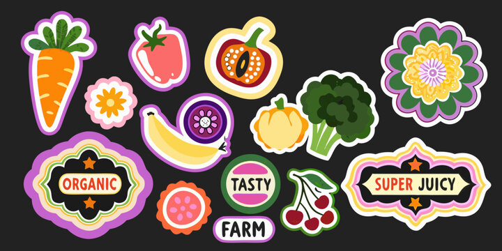 retro vegetable and fruit stickers on black background sticker carrot banana broccoli pepper