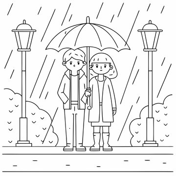 couple under umbrella in rain line art romantic weather street lamp outdoor seasonal