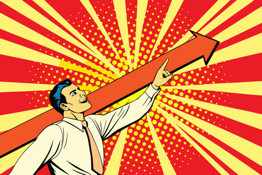 man pointing at upward arrow pop art style illustration graphic design business growth