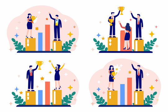victory celebration scenes flat vector illustration winners trophy award chart people success achievement