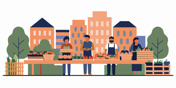 urban farmers market illustration with colorful buildings scene vegetables people cityscape stand produce