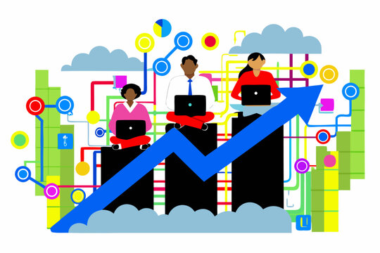 growth chart with people using laptops vibrant flat vector illustration data analysis finance