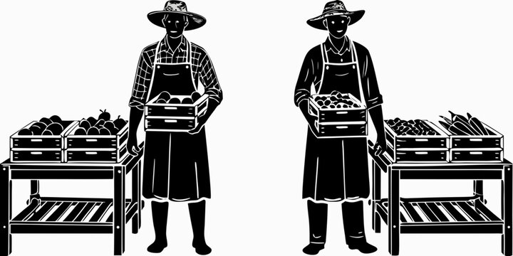 vintage farmer market silhouettes on white background silhouette black illustration people produce stand
