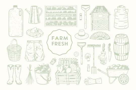 farm fresh vintage green sketches on white background agriculture tools vegetables basket barrel