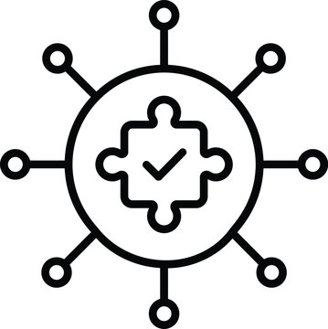 Business solution network icon representing central puzzle piece with verified checkmark, solution