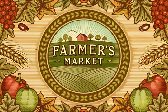 farmers market emblem vintage vector illustration agriculture rural produce marketplace logo design graphic