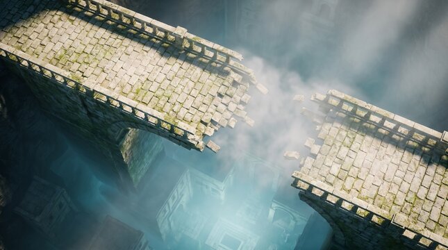 Broken Ancient Stone Bridge Spanning Foggy Abyss Revealing Glowing Fantasy Ruins