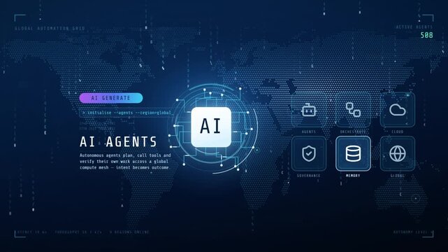 Artificial intelligence AI agents concept with digital world map and autonomous automation network