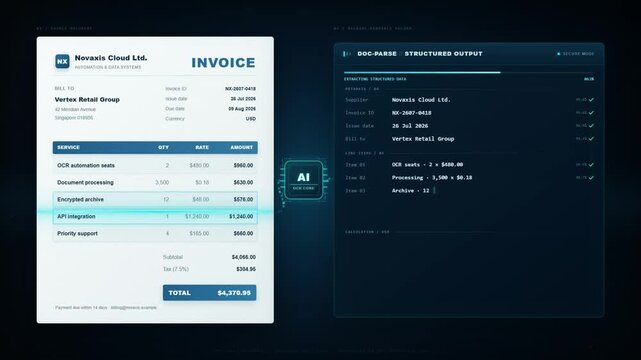 AI document processing extracting structured data from an invoice with scanning line automation