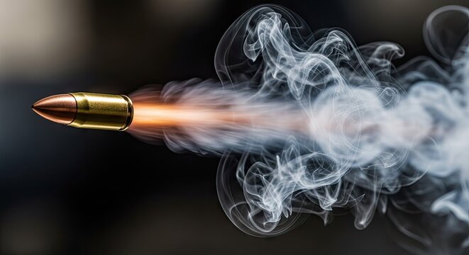Close-up of bullet flying through dense smoke clouds.