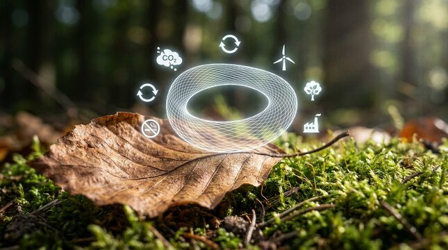 Autumn leaf on forest moss supporting glowing digital torus graphic with icons for carbon reduction recycling and green energy technology.