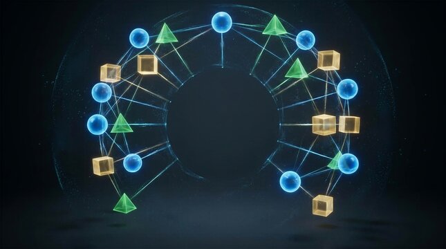 Circular digital network composed of illuminated spheres cubes and pyramids representing quantum computing data structure.