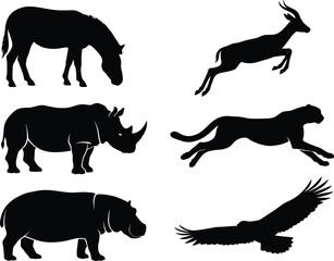 Collection of various wild animals including rhino and cheetah presented in a minimalist black silhouette © MstShilpy