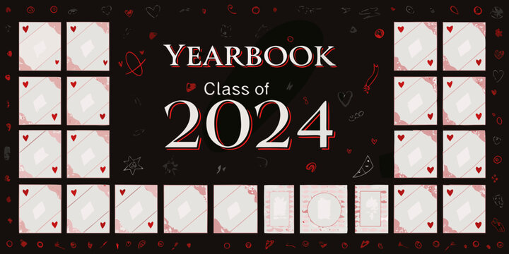 Yearbook template with playing cards and class of 2024 text red and white