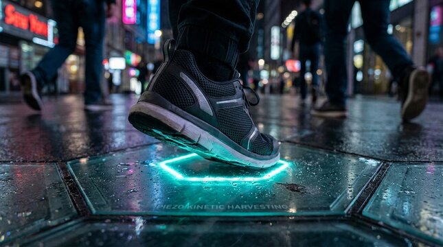 Pedestrian foot stepping on glowing piezoelectric kinetic harvesting pavement tile in rainy urban city at night.