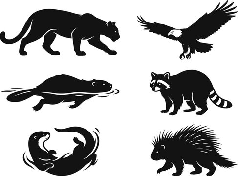 Collection of various wild animals depicted in a detailed black and white artistic style silhouette