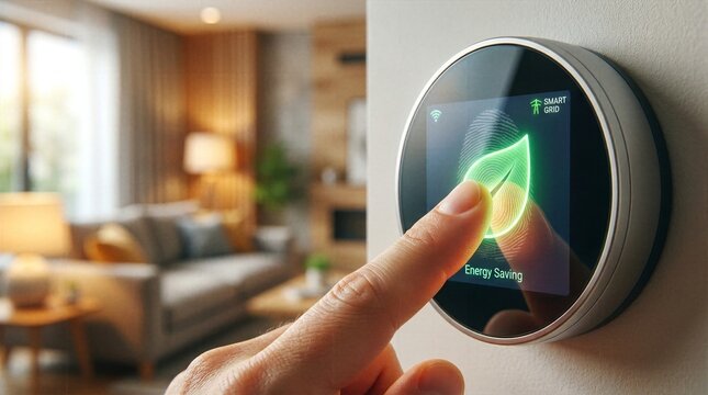 Finger touching smart home thermostat display with glowing green leaf indicating energy saving mode in cozy living room.