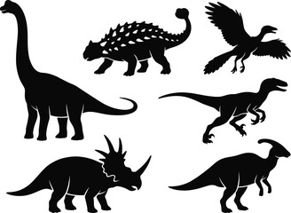 Collection of various prehistoric dinosaur species depicted in a black and white graphic design style silhouette © MstShilpy