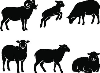 Collection of various sheep and ram poses isolated on a white background in a black silhouette © MstShilpy