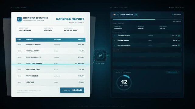 AI fraud detection auditing corporate expense report with risk score and flagged transactions